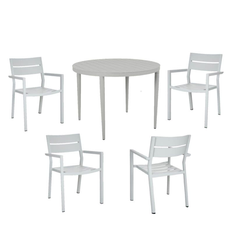 Brafab Gartenmöbel-Set 5-teilig, mit "Delia" Stapelstuhl Aluminium light grey und "Bigby" Tisch Ø 100 cm Aluminium light grey