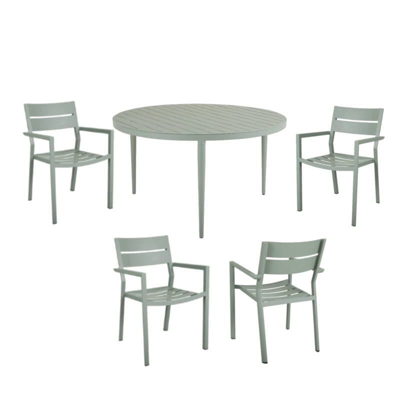 Brafab Gartenmöbel-Set 5-teilig, mit "Delia" Stapelstuhl Aluminium dusty green und "Bigby" Tisch Ø 130 cm Aluminium dusty green