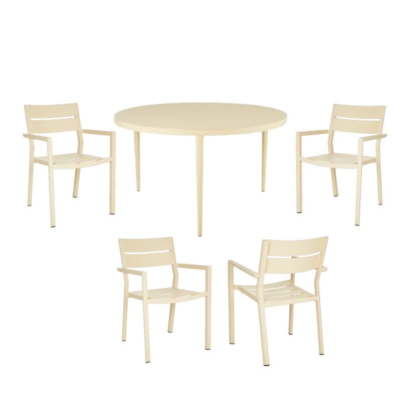 Brafab Gartenmöbel-Set 5-teilig, mit "Delia" Stapelstuhl Aluminium lemon und "Bigby" Tisch Ø 130 cm Aluminium lemon