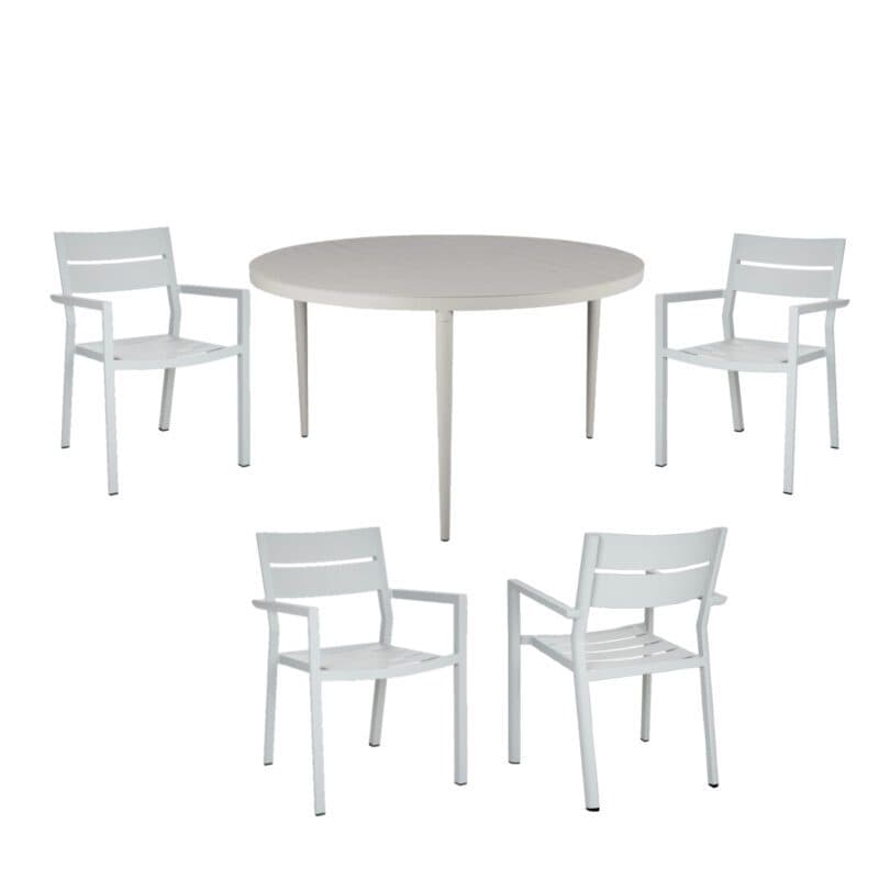 Brafab Gartenmöbel-Set 5-teilig, mit "Delia" Stapelstuhl Aluminium light grey und "Bigby" Tisch Ø 130 cm Aluminium light grey