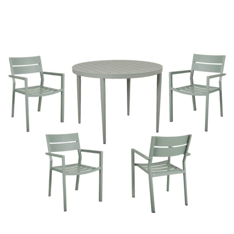 Brafab Gartenmöbel-Set 5-teilig, mit "Delia" Stapelstuhl Aluminium dusty green und "Bigby" Tisch Ø 100 cm Aluminium dusty green