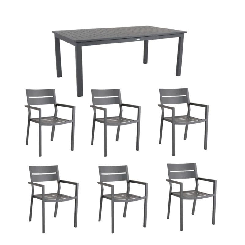 Brafab Gartenmöbel-Set 7-teilig, mit "Delia" Stapelstuhl Aluminium anthrazit und "Lomma" Ausziehtisch Aluminium anthrazit 194/312x100 cm