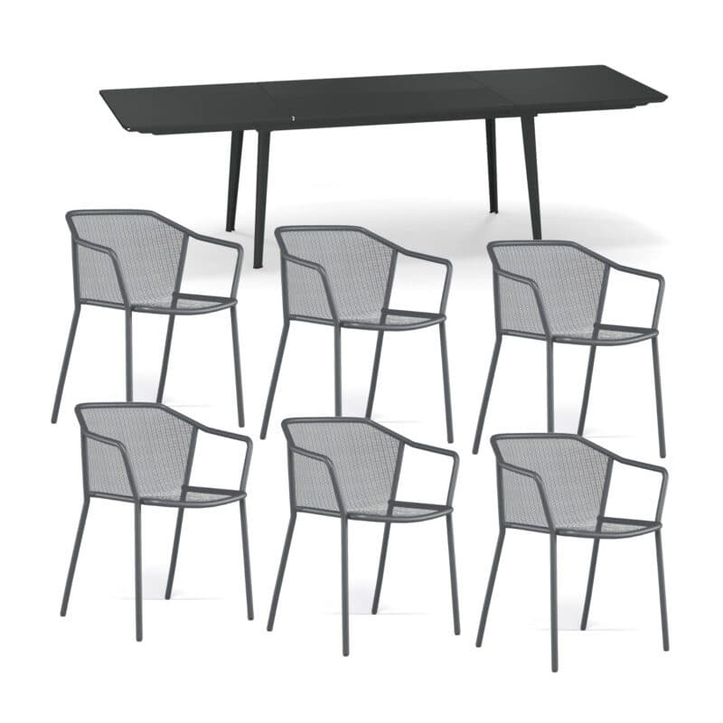 Emu Gartenmöbel-Set 7-tlg. mit Ausziehtisch "Plus4" und Stapelstuhl "Darwin", Stahl eisen antik