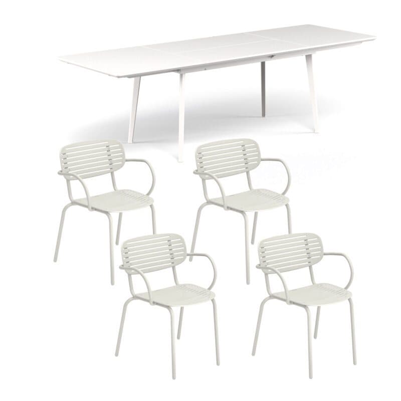Emu Gartenmöbel-Set 5-tlg. mit Ausziehtisch "Plus4" und Stapelstuhl "Mom", Stahl weiß