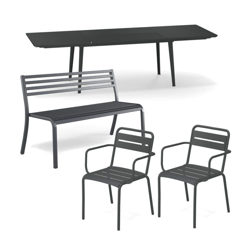 Emu Gartenmöbel-Set 4-tlg. mit Ausziehtisch "Plus4", Gartenbank "Segno" und Stapelstuhl "Star", Stahl eisen antik