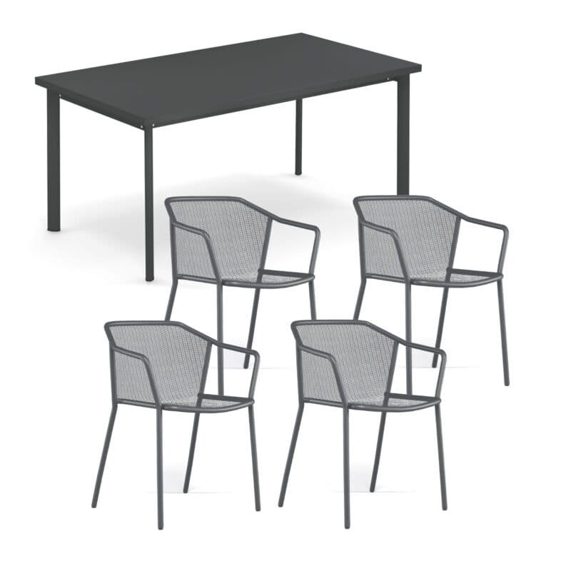 Emu Gartenmöbel-Set 5-tlg. mit Gartentisch "Star" 160x90 cm, Stahl eisen antik, und Stapelstuhl "Darwin", Stahl eisen antik