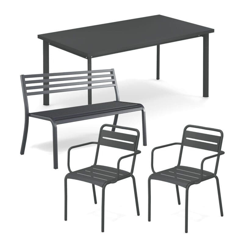 Emu Gartenmöbel-Set 4-tlg. mit Gartentisch "Star" 160x90 cm, Gartenbank "Segno" und Stapelstuhl "Star", Stahl eisen antik