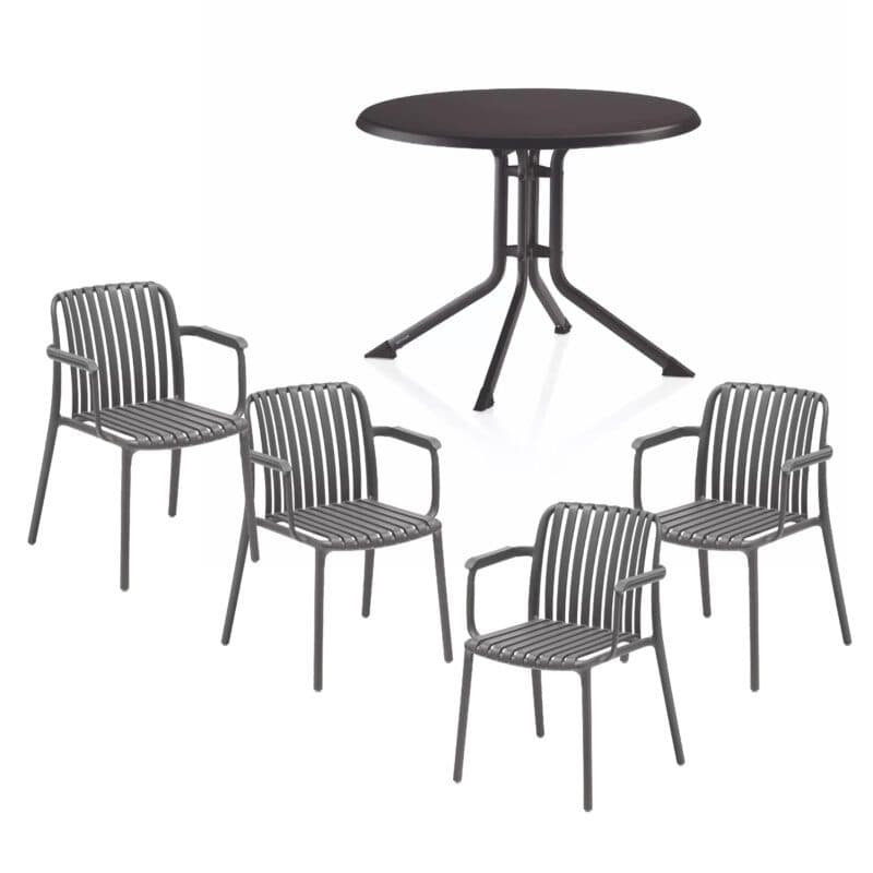 Kettler "Lago" Stapelstuhl, Gestell und Sitzfläche Kunststoff grau, mit Klapptisch "Boulevard" Ø 100 cm, Gestell Aluminium anthrazit Tischplatte Kettalux-Plus anthrazit
