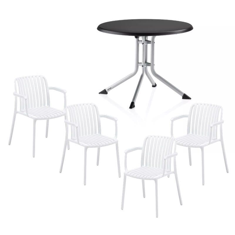 Kettler "Lago" Stapelstuhl, Gestell und Sitzfläche Kunststoff weiß, mit Klapptisch "Boulevard" Ø 100 cm, Gestell Aluminium silber Tischplatte Kettalux-Plus anthrazit