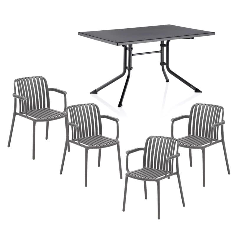 Kettler "Lago" Stapelstuhl, Gestell und Sitzfläche Kunststoff grau, mit Klapptisch "Boulevard" 115x70 cm, Gestell Aluminium anthrazit Tischplatte Kettalux-Plus anthrazit