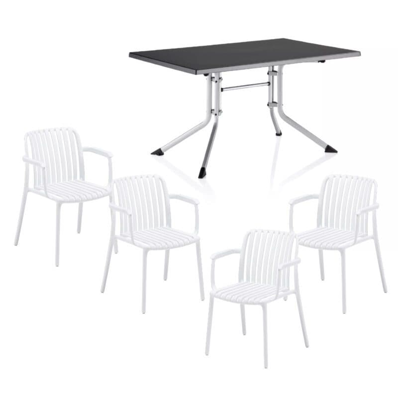 Kettler "Lago" Stapelstuhl, Gestell und Sitzfläche Kunststoff weiß, mit Klapptisch "Boulevard" 115x70 cm, Gestell Aluminium silber Tischplatte Kettalux-Plus anthrazit