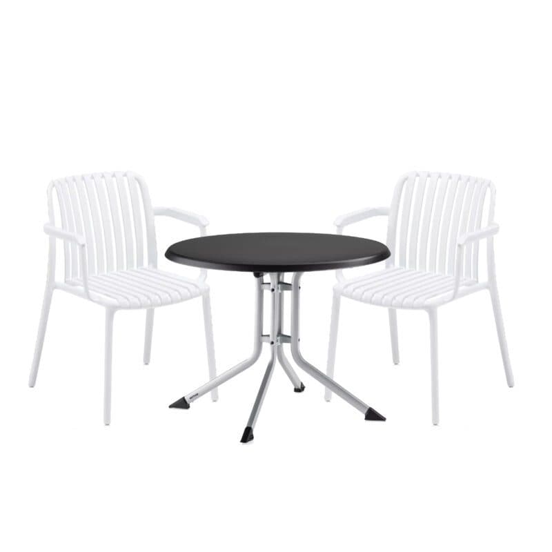 Kettler "Lago" Stapelstuhl, Gestell und Sitzfläche Kunststoff weiß, mit Klapptisch "Boulevard" Ø 70 cm, Gestell Aluminium silber Tischplatte Kettalux-Plus anthrazit