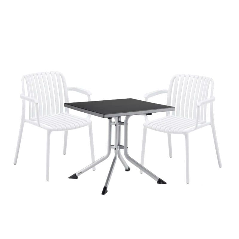 Kettler "Lago" Stapelstuhl, Gestell und Sitzfläche Kunststoff weiß, mit Klapptisch "Boulevard" 70x70 cm, Gestell Aluminium silber Tischplatte Kettalux-Plus anthrazit