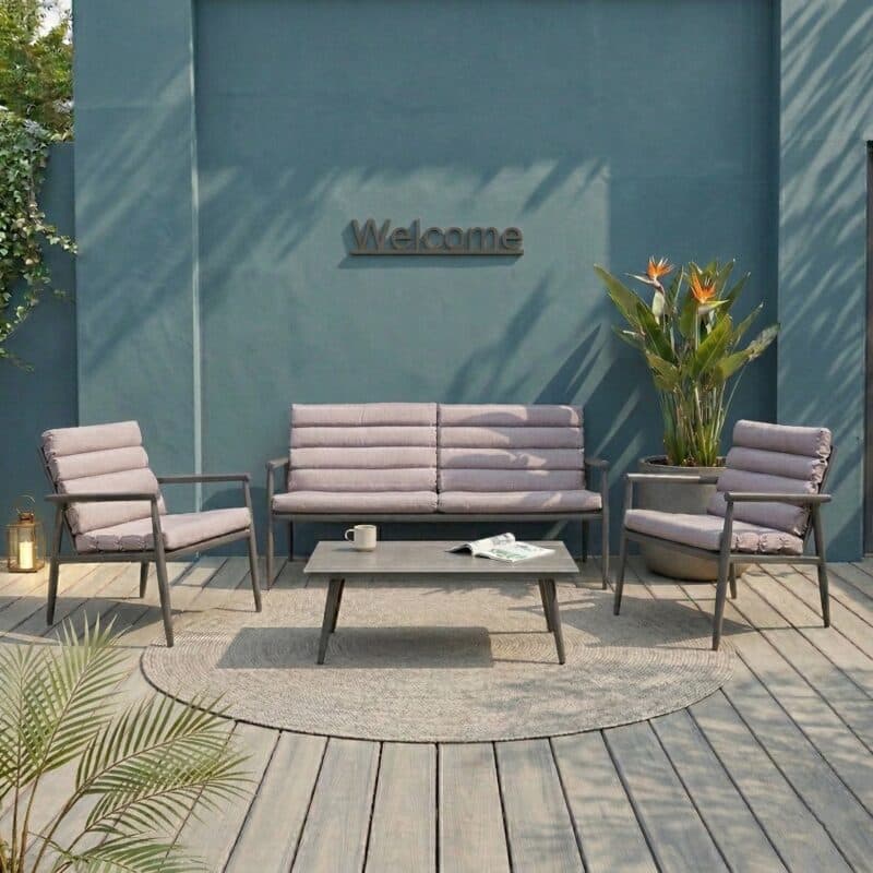 Lesli Living "Harper Stone" Loungeset, Aluminium anthrazit matt, Bezug hellgrau meliert (Bild KI-generiert)