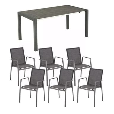 Liadomo Gartenmöbelset mit Ausziehtisch "Marano", Edelstahl anthrazit, Tischplatte HPL Betonoptik und Stapelstuhl "Pellaro", Aluminium anthrazit, Textilgewebe anthrazit