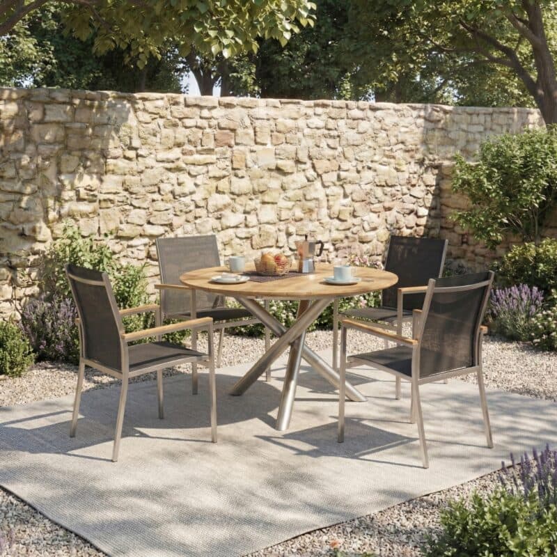 Gartenmöbel-Set mit Liadomo "Motta" Gartenstuhl und CASA DOMA "Perano" Tisch Ø 120cm, Gestelle Edelstahl gebürstet