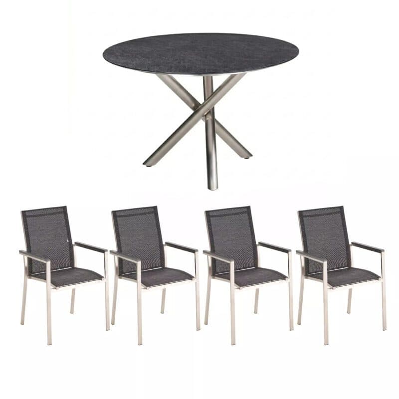 Gartenmöbel-Set mit Liadomo "Motta" Gartenstuhl und CASA DOMA "Perano" Tisch Ø 120 cm, Gestelle Edelstahl, Tischplatte HPL Scivaro Schiefer