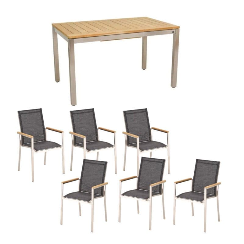 Gartenmöbel-Set mit Liadomo "Motta" Gartenstuhl und CASA DOMA "Ugento" Tisch 130/180x80 cm, Gestelle Edelstahl gebürstet
