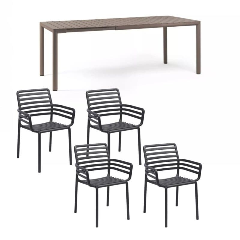 NARDI "Doga" Stapelstuhl mit Armlehne, Gestell und Sitzfläche Kunststoff anthrazit, mit Ausziehtisch "Tevere" 147/211x90 cm, Aluminium/Kunststoff taupe