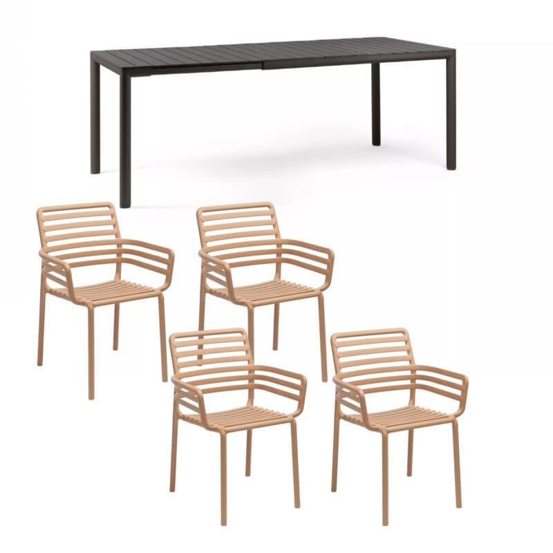 NARDI "Doga" Stapelstuhl mit Armlehne, Gestell und Sitzfläche Kunststoff cappuccino, mit Ausziehtisch "Tevere" 147/211x90 cm, Aluminium/Kunststoff anthrazit