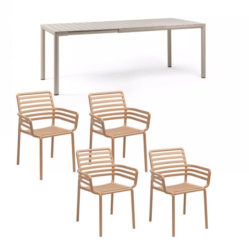 NARDI "Doga" Stapelstuhl mit Armlehne, Gestell und Sitzfläche Kunststoff cappuccino, mit Ausziehtisch "Tevere" 147/211x90 cm, Aluminium/Kunststoff corda