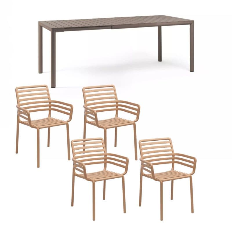 NARDI "Doga" Stapelstuhl mit Armlehne, Gestell und Sitzfläche Kunststoff cappuccino, mit Ausziehtisch "Tevere" 147/211x90 cm, Aluminium/Kunststoff taupe