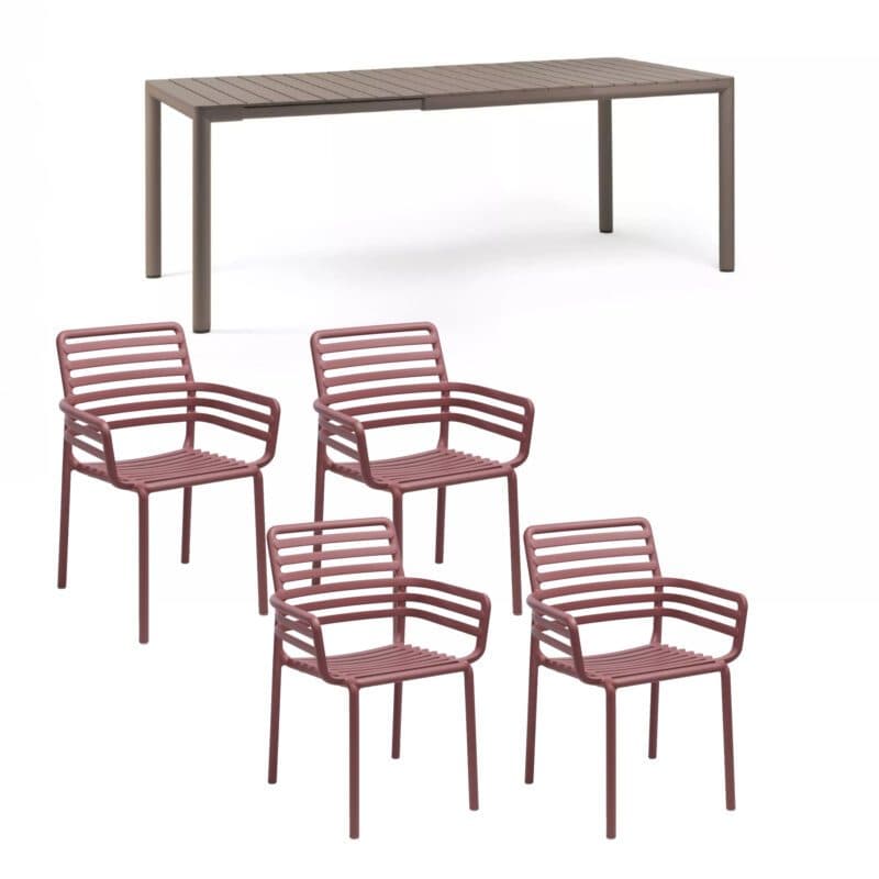 NARDI "Doga" Stapelstuhl mit Armlehne, Gestell und Sitzfläche Kunststoff marsala, mit Ausziehtisch "Tevere" 147/211x90 cm, Aluminium/Kunststoff taupe