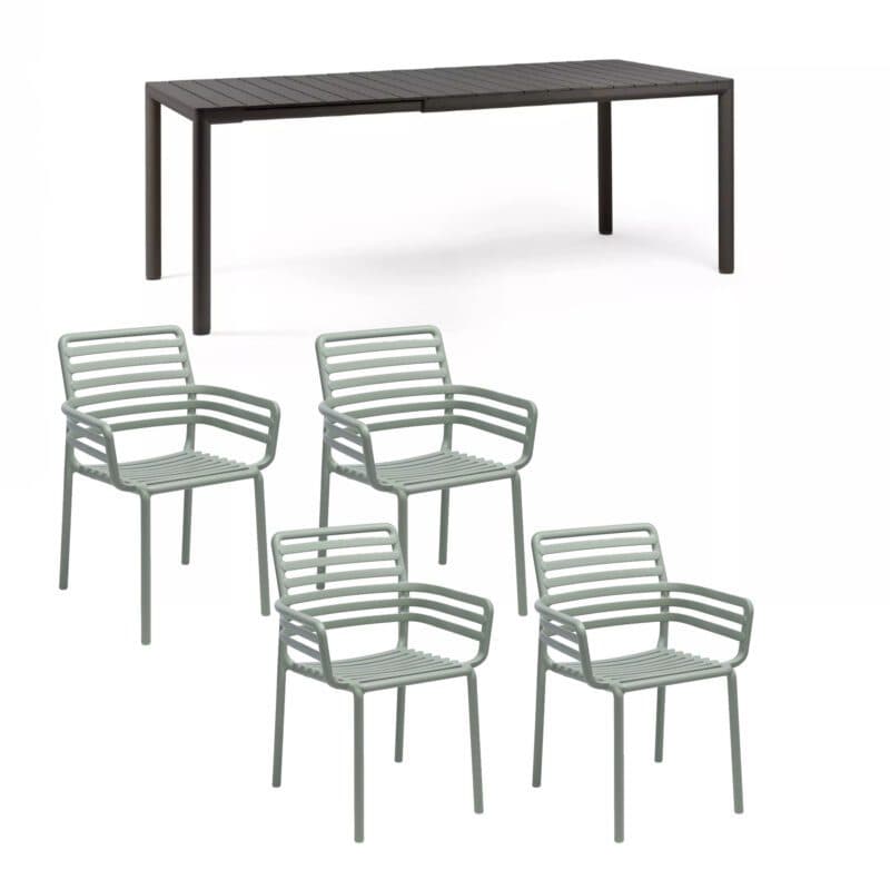 NARDI "Doga" Stapelstuhl mit Armlehne, Gestell und Sitzfläche Kunststoff mint, mit Ausziehtisch "Tevere" 147/211x90 cm, Aluminium/Kunststoff anthrazit