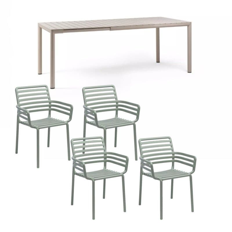 NARDI "Doga" Stapelstuhl mit Armlehne, Gestell und Sitzfläche Kunststoff mint, mit Ausziehtisch "Tevere" 147/211x90 cm, Aluminium/Kunststoff corda