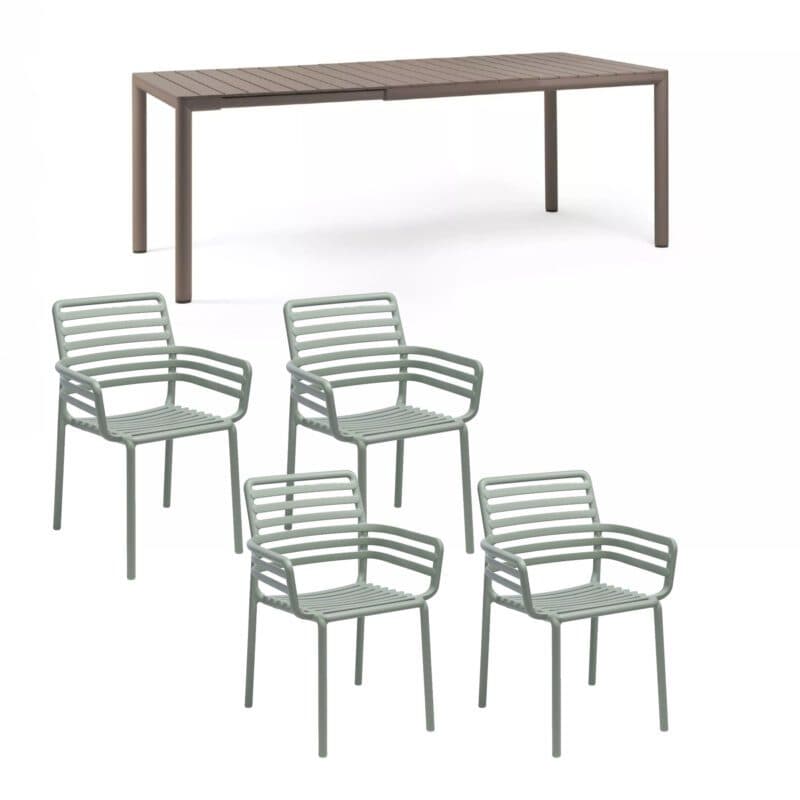 NARDI "Doga" Stapelstuhl mit Armlehne, Gestell und Sitzfläche Kunststoff mint, mit Ausziehtisch "Tevere" 147/211x90 cm, Aluminium/Kunststoff taupe