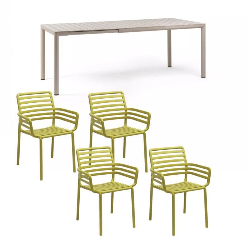 NARDI "Doga" Stapelstuhl mit Armlehne, Gestell und Sitzfläche Kunststoff pera, mit Ausziehtisch "Tevere" 147/211x90 cm, Aluminium/Kunststoff corda