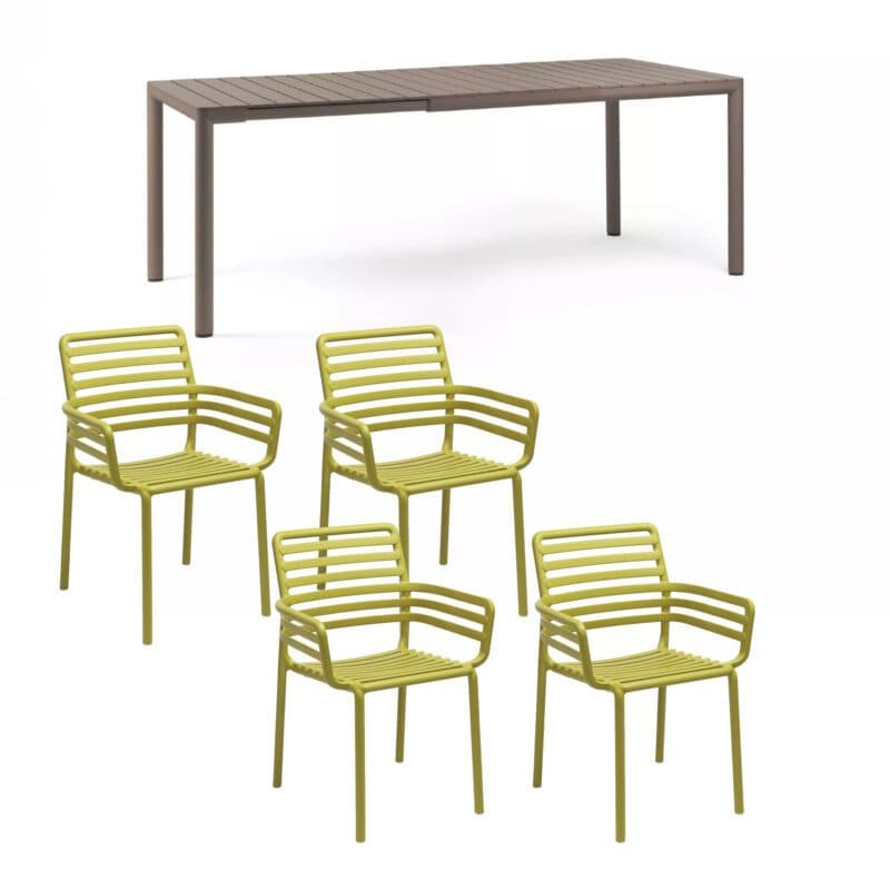 NARDI "Doga" Stapelstuhl mit Armlehne, Gestell und Sitzfläche Kunststoff pera, mit Ausziehtisch "Tevere" 147/211x90 cm, Aluminium/Kunststoff taupe