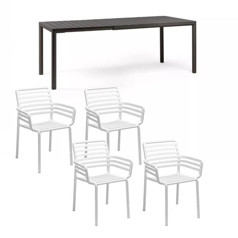 NARDI "Doga" Stapelstuhl mit Armlehne, Gestell und Sitzfläche Kunststoff weiß, mit Ausziehtisch "Tevere" 147/211x90 cm, Aluminium/Kunststoff anthrazit