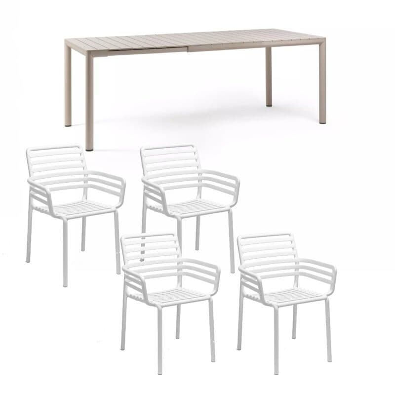 NARDI "Doga" Stapelstuhl mit Armlehne, Gestell und Sitzfläche Kunststoff weiß, mit Ausziehtisch "Tevere" 147/211x90 cm, Aluminium/Kunststoff corda