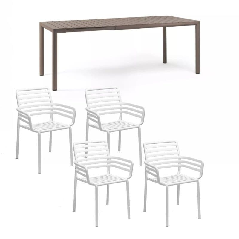 NARDI "Doga" Stapelstuhl mit Armlehne, Gestell und Sitzfläche Kunststoff weiß, mit Ausziehtisch "Tevere" 147/211x90 cm, Aluminium/Kunststoff taupe