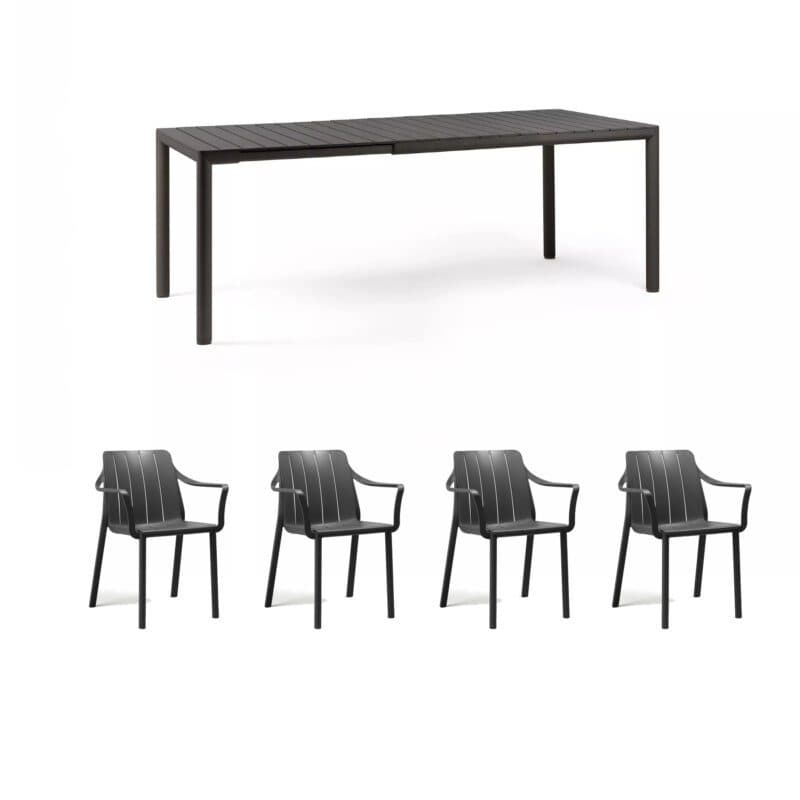 NARDI "Tiberina" Stapelstuhl, Gestell und Sitzfläche Kunststoff anthrazit, mit Ausziehtisch "Tevere" Gestell Aluminium anthrazit, Tischplatte Kunststoff anthrazit, 145/211 × 90 cm