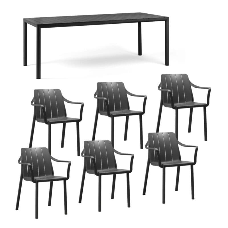 NARDI "Tiberina" Stapelstuhl, Gestell und Sitzfläche Kunststoff anthrazit, mit Ausziehtisch "Tevere" Gestell Aluminium anthrazit, Tischplatte Kunststoff anthrazit, 211/275 × 100 cm