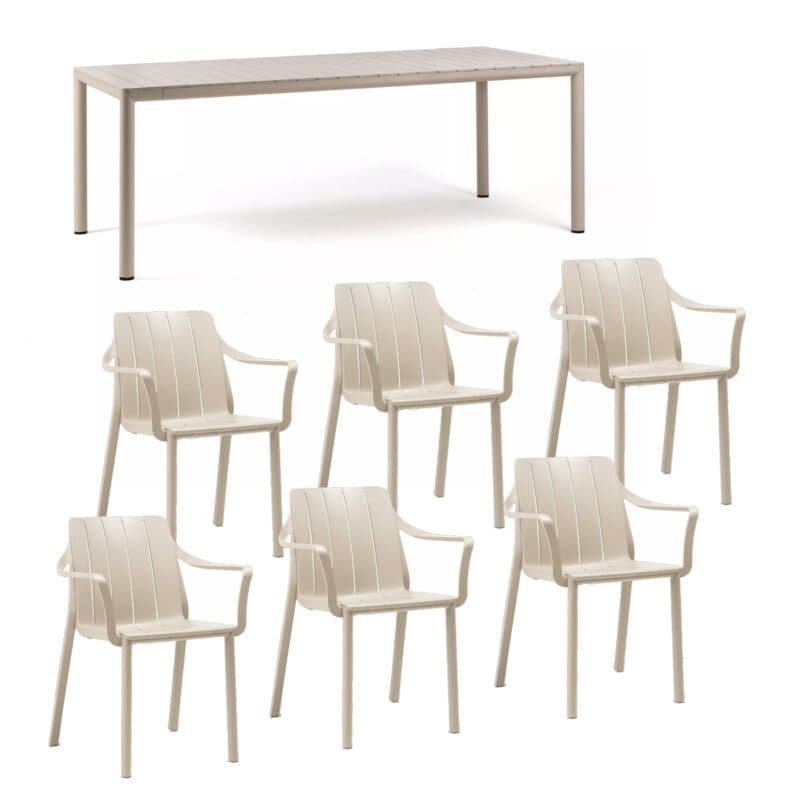 NARDI "Tiberina" Stapelstuhl, Gestell und Sitzfläche Kunststoff corda, mit Ausziehtisch "Tevere" Gestell Aluminium corda, Tischplatte Kunststoff corda, 211/275 × 100 cm