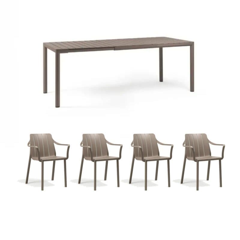 NARDI "Tiberina" Stapelstuhl, Gestell und Sitzfläche Kunststoff taupe, mit Ausziehtisch "Tevere" Gestell Aluminium taupe, Tischplatte Kunststoff taupe, 145/211 × 90 cm