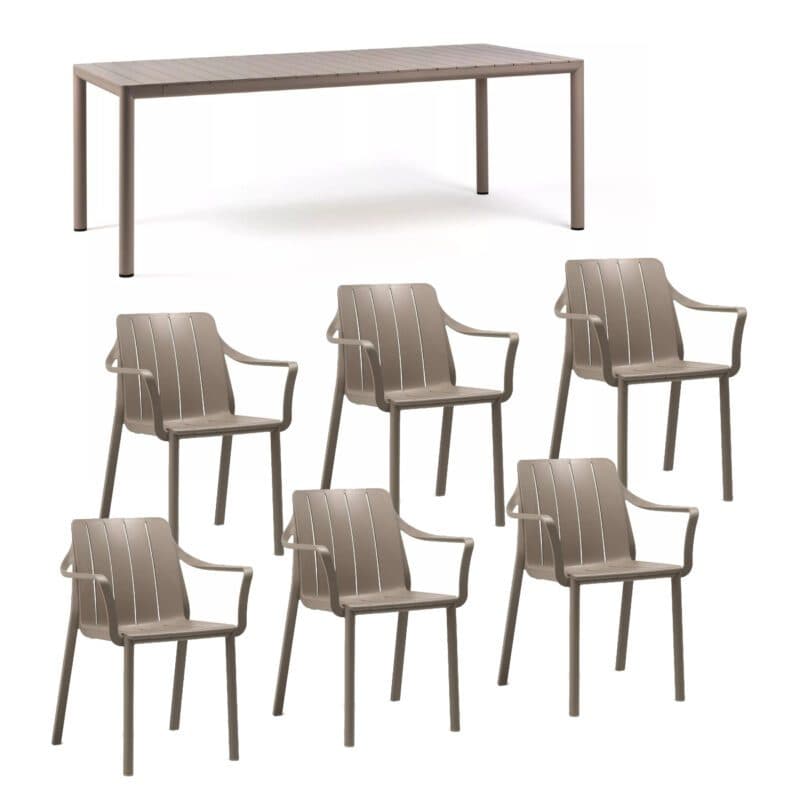 NARDI "Tiberina" Stapelstuhl, Gestell und Sitzfläche Kunststoff taupe, mit Ausziehtisch "Tevere" Gestell Aluminium taupe, Tischplatte Kunststoff taupe, 211/275 × 100 cm
