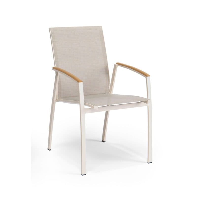 SIT Mobilia "Limbo" Stapelsessel, Aluminium powder/ecru, Textilgewebe Phifertex sibirian, Armlehnen Teak