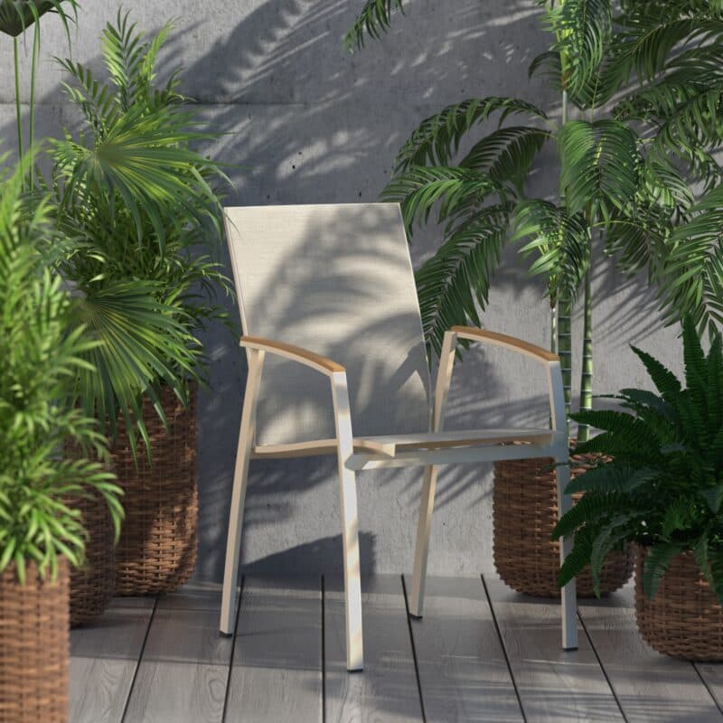 SIT Mobilia "Limbo" Stapelsessel, Aluminium powder/ecru, Textilgewebe Phifertex sibirian, Armlehnen Teak