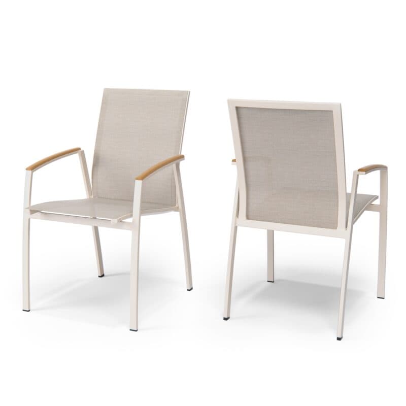 SIT Mobilia "Limbo" Stapelsessel, Aluminium powder/ecru, Textilgewebe Phifertex sibirian, Armlehnen Teak