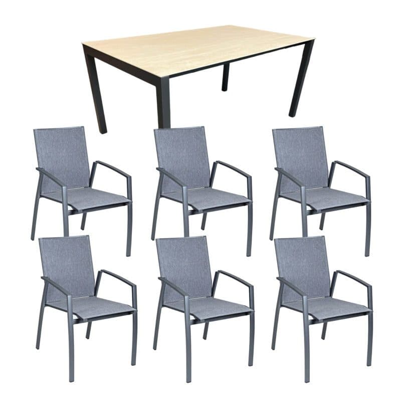 SIT Mobilia Gartenmöbel-Set 7-tlg. mit Ausziehtisch "Pico" 160/220x95 cm und Stapelsessel "Limbo", Gestelle Aluminium anthrazit, Tischplatte Keramik Travertin, Sitzfläche Textilgewebe charcoal black