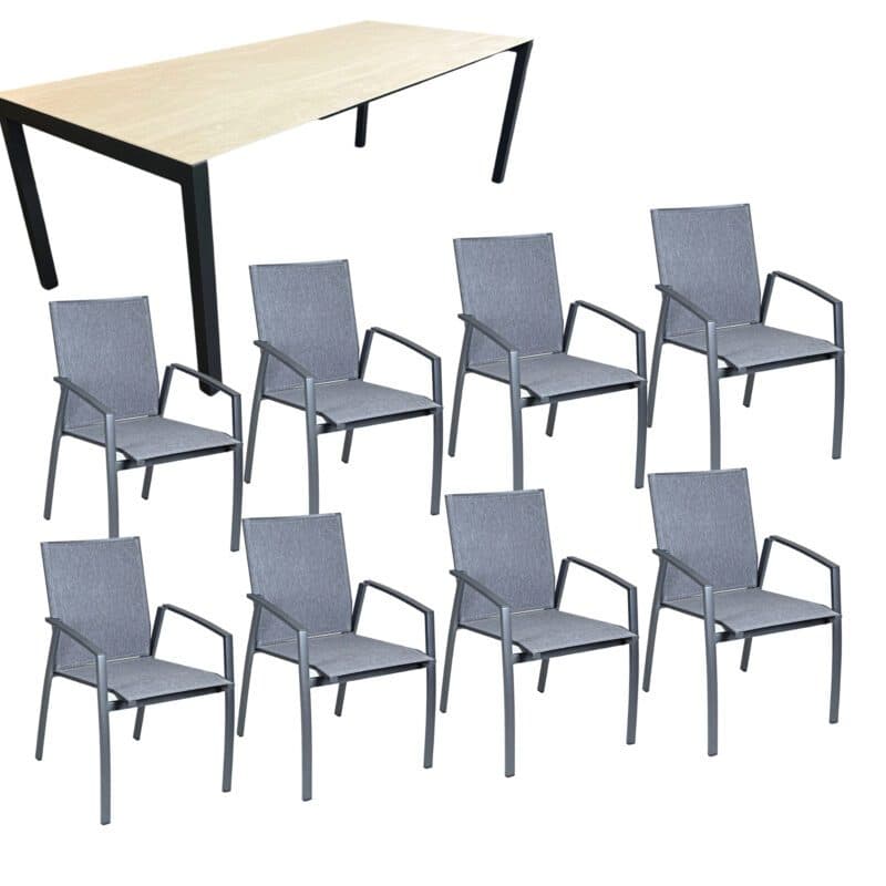 SIT Mobilia Gartenmöbel-Set 9-tlg. mit Ausziehtisch "Pico" 210/270x95 cm und Stapelsessel "Limbo", Gestelle Aluminium anthrazit, Tischplatte Keramik Travertin, Sitzfläche Textilgewebe charcoal black