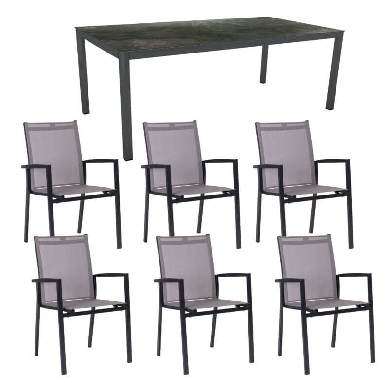 Stern Gartenmöbel-Set mit Stuhl "New Levanto" und Tisch 200x100 cm, Gestelle Aluminium anthrazit, Sitz Textilgewebe silber, Tischplatte HPL Dark Marble, ohne Distanzhülsen