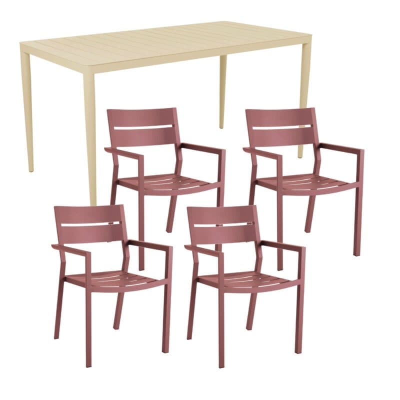 Brafab Gartenmöbel-Set 5-teilig, mit Delia Stapelstuhl Aluminium zin red und "Bigby" Tisch 144x76 cm Aluminium lemon
