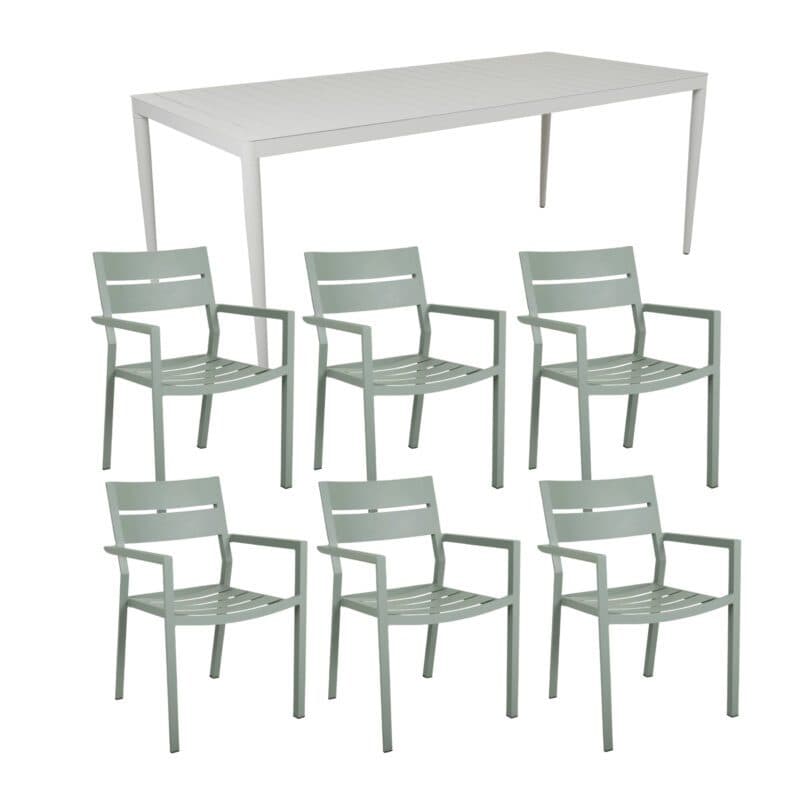 Brafab Gartenmöbel-Set 7-teilig, mit Delia Stapelstuhl Aluminium dusty green und "Bigby" Tisch 195x90 cm Aluminium light grey