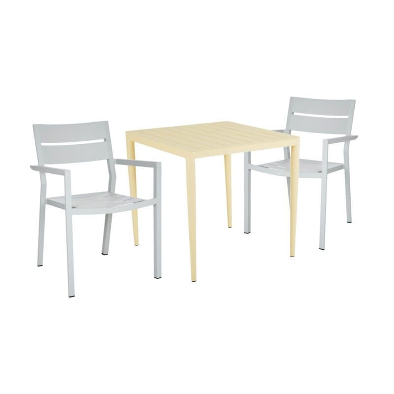 Brafab Gartenmöbel-Set 3-teilig, mit Delia Stapelstuhl Aluminium light grey und "Bigby" Tisch 76x76 cm Aluminium lemon