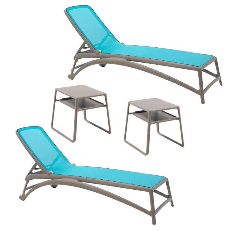 NARDI "Atlantico" Sonnenliege, Gestell Kunststoff taupe, Bespannung Textilgewebe himmelblau mit Beistelltisch "Pop" Kunststoff taupe